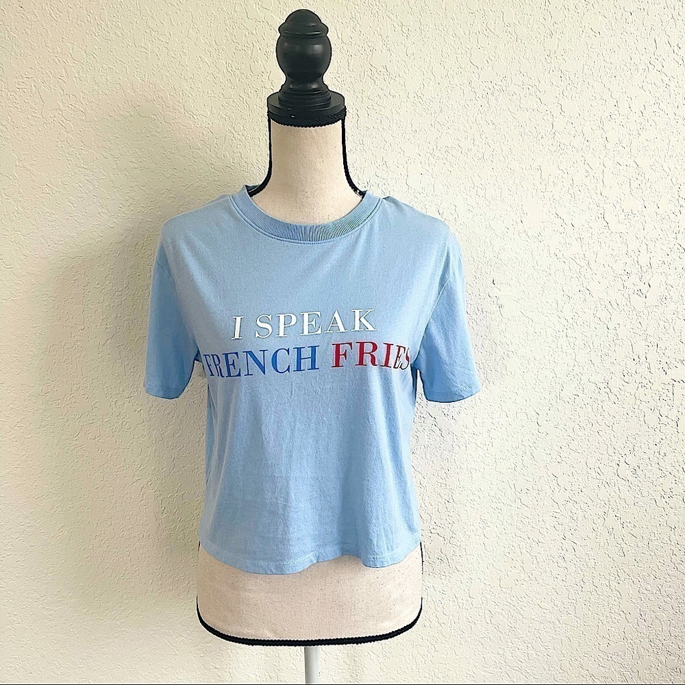 ARIZONA JEANS Blue I Speak French Fries Short Sleeve Crop Top Cotton Size Small